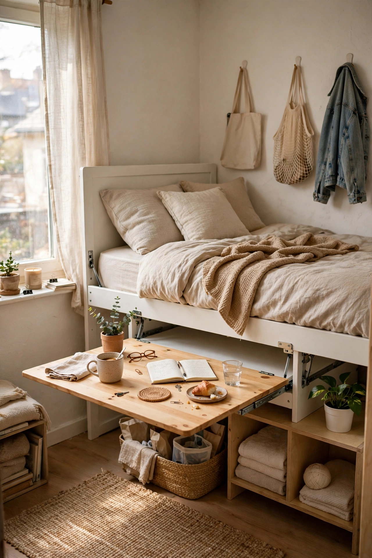 Murphy Bed With a Fold-Out Dining Table in a small budget-friendly apartment