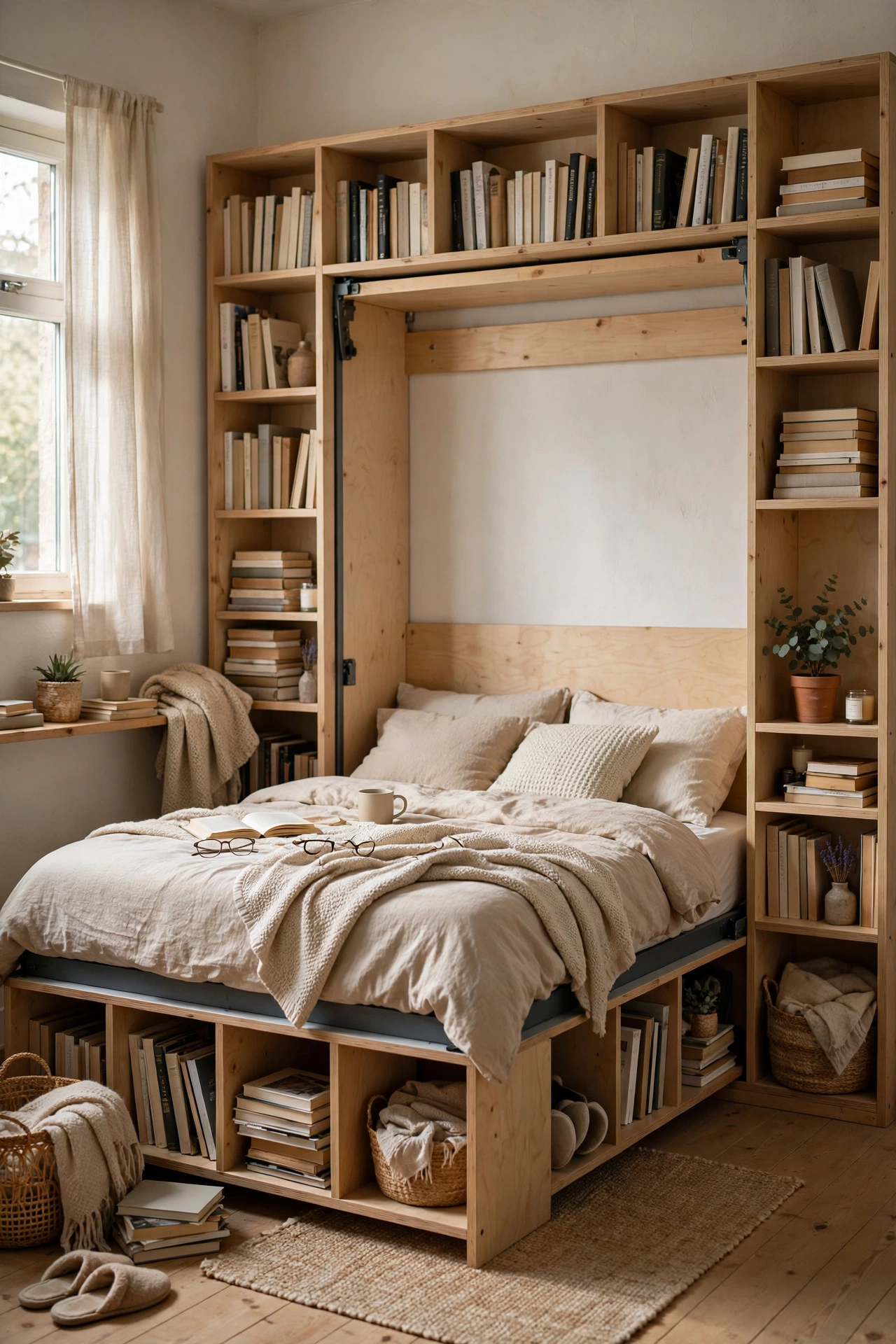 Murphy Bed With Open Cubbies for Books in a small budget-friendly apartment