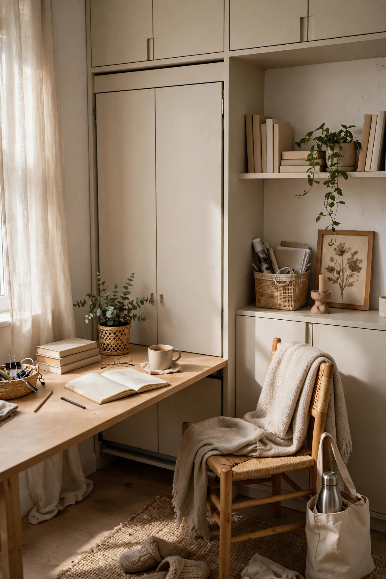 Murphy Bed Tucked Into a Home Office Nook in a small budget-friendly apartment