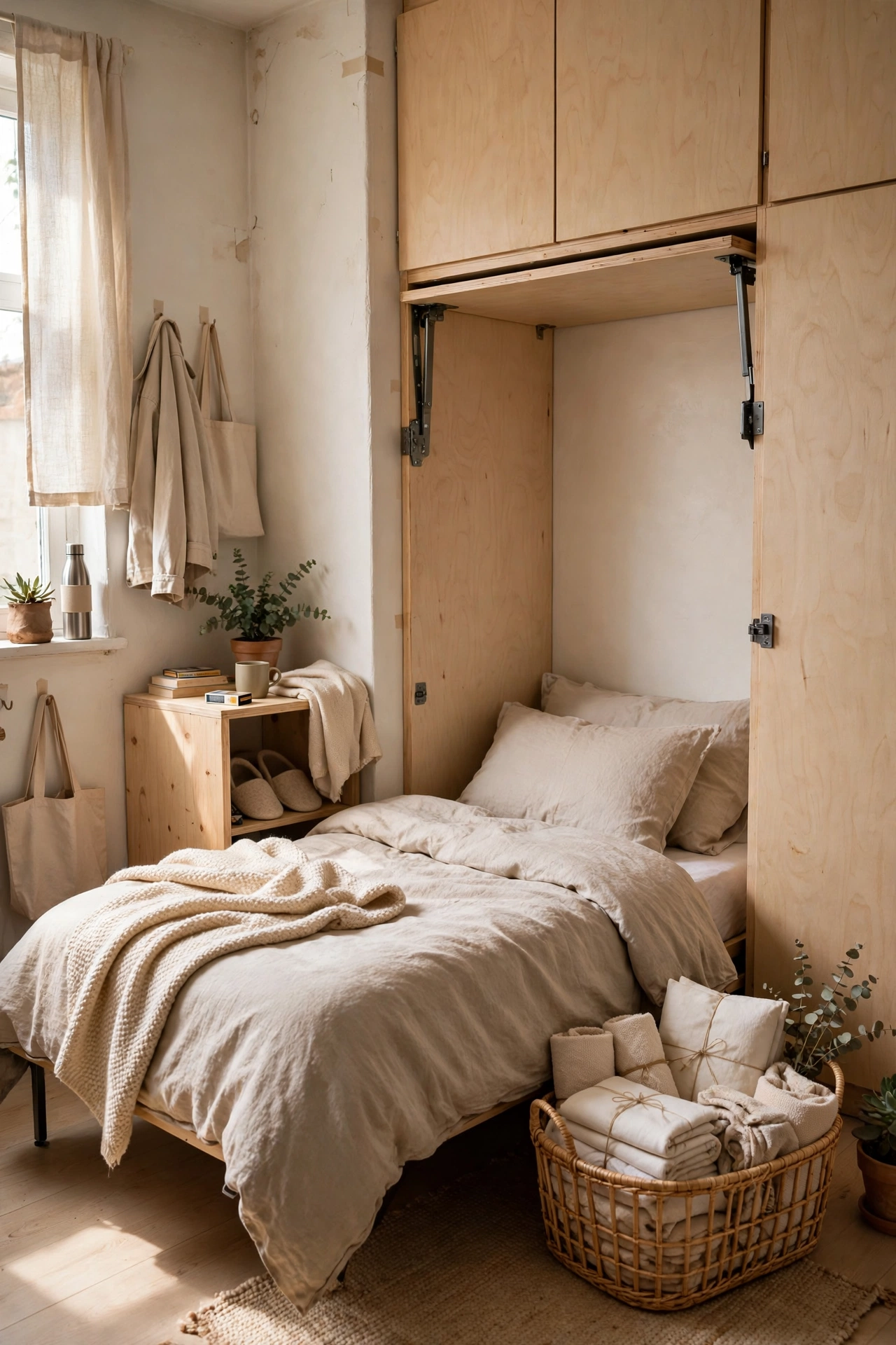 Murphy Bed With a Guest-Ready Bedding Basket in a small budget-friendly apartment