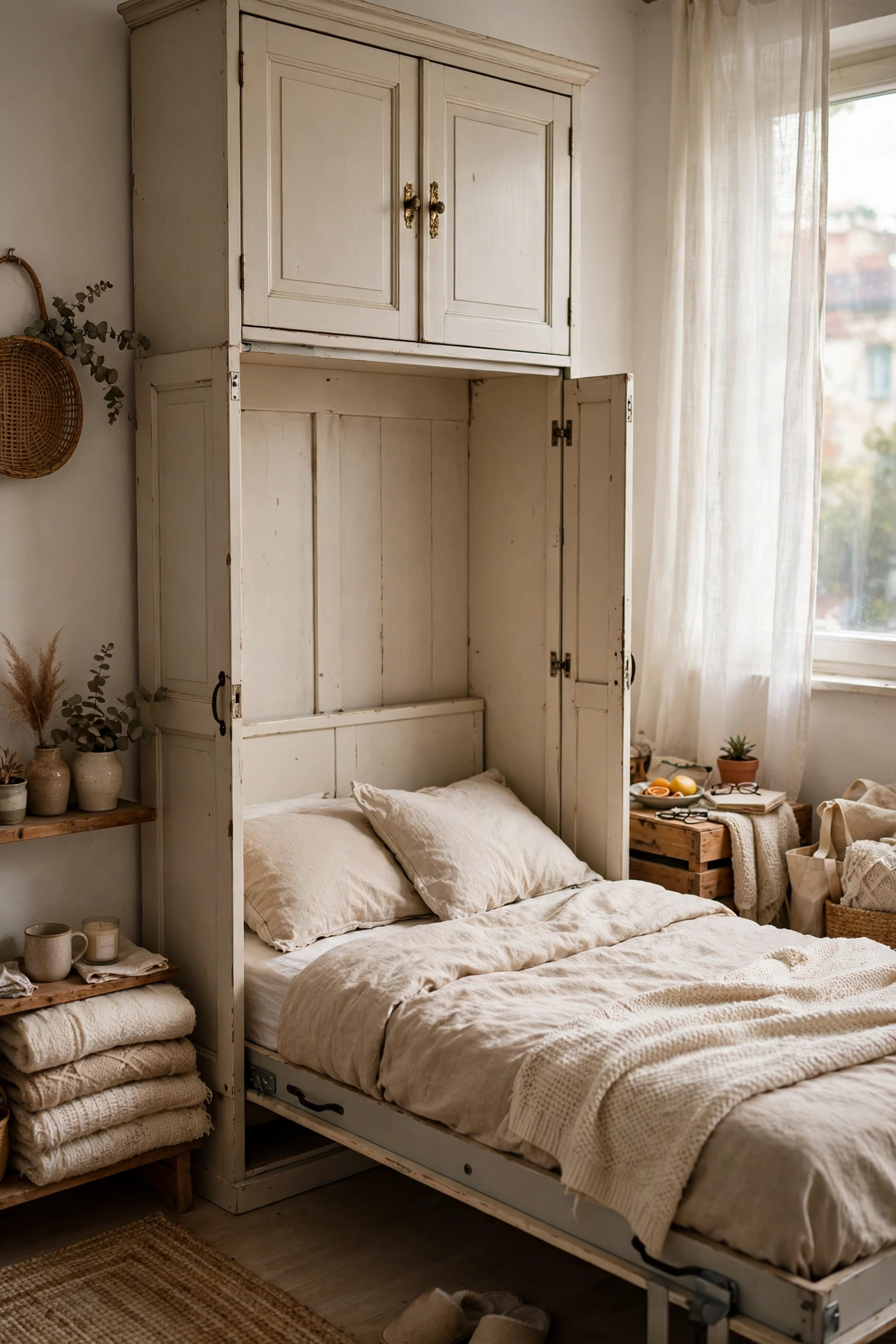 Thrifted Cabinet Turned Into a Murphy Bed Frame in a small budget-friendly apartment