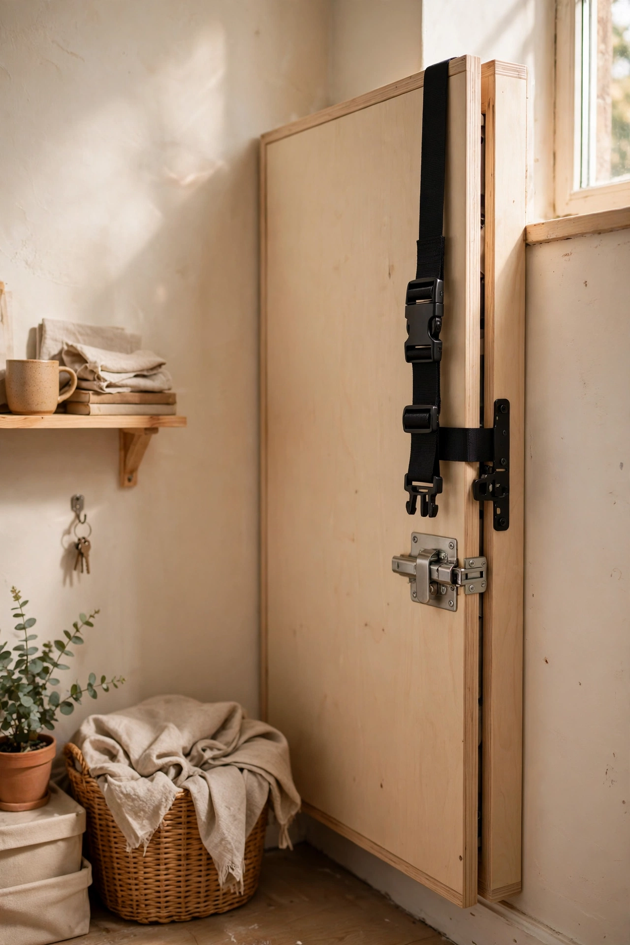 Murphy Bed Safety Strap and Lock Upgrade in a small budget-friendly apartment