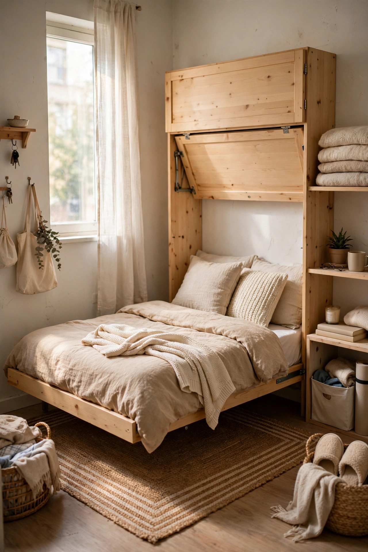 Murphy Bed With a Defined Rug Zone Underneath in a small budget-friendly apartment