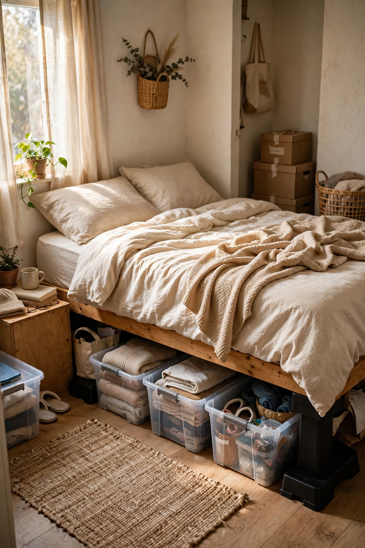 Put the Bed on Risers With Bins Underneath in a small budget-friendly apartment