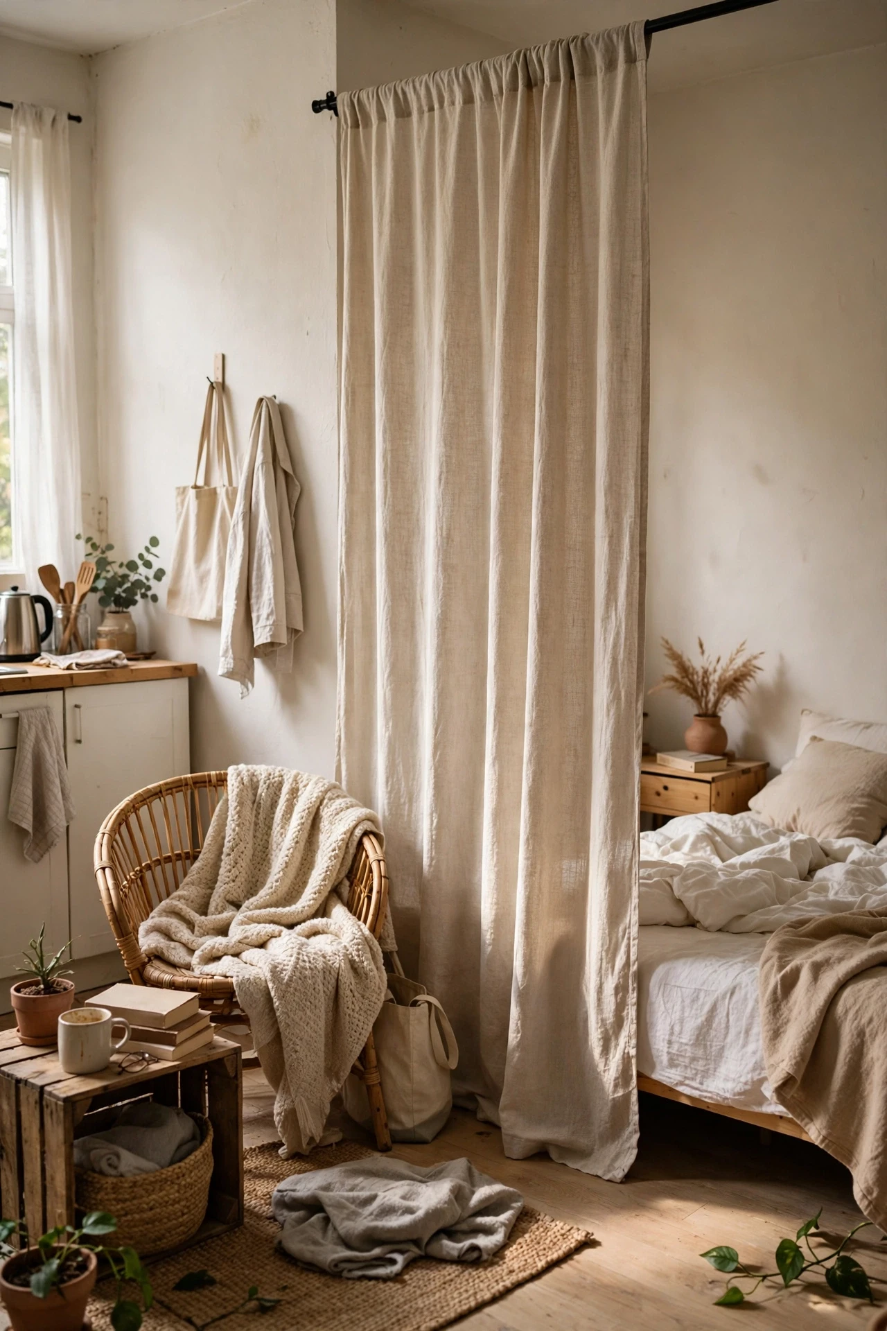 Use a Room Divider Curtain in a Studio in a small budget-friendly apartment