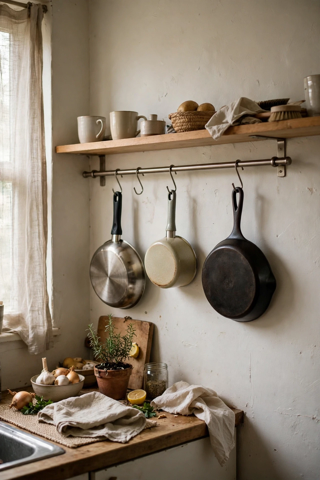 Hang Pots From a Kitchen Rail Instead of a Rack in a small budget-friendly apartment