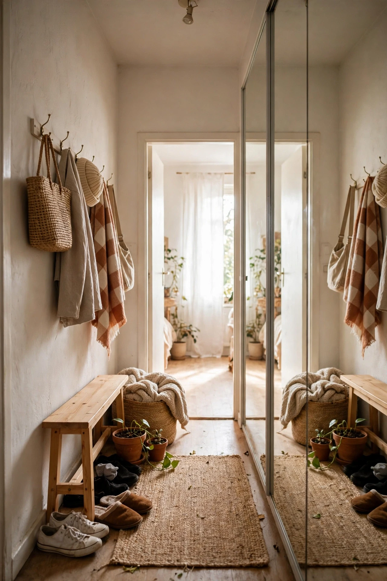 Mirror One Whole Wall in a Narrow Hallway in a small budget-friendly apartment