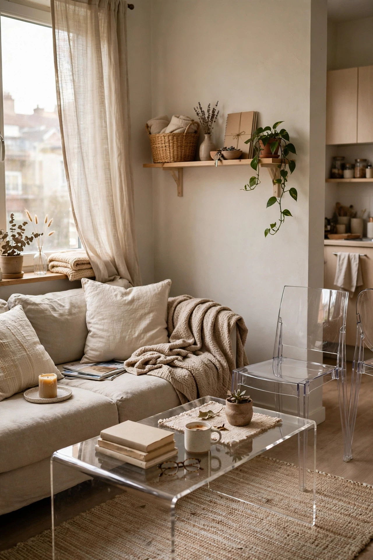 Use Clear Furniture to Keep Sightlines Open in a small budget-friendly apartment