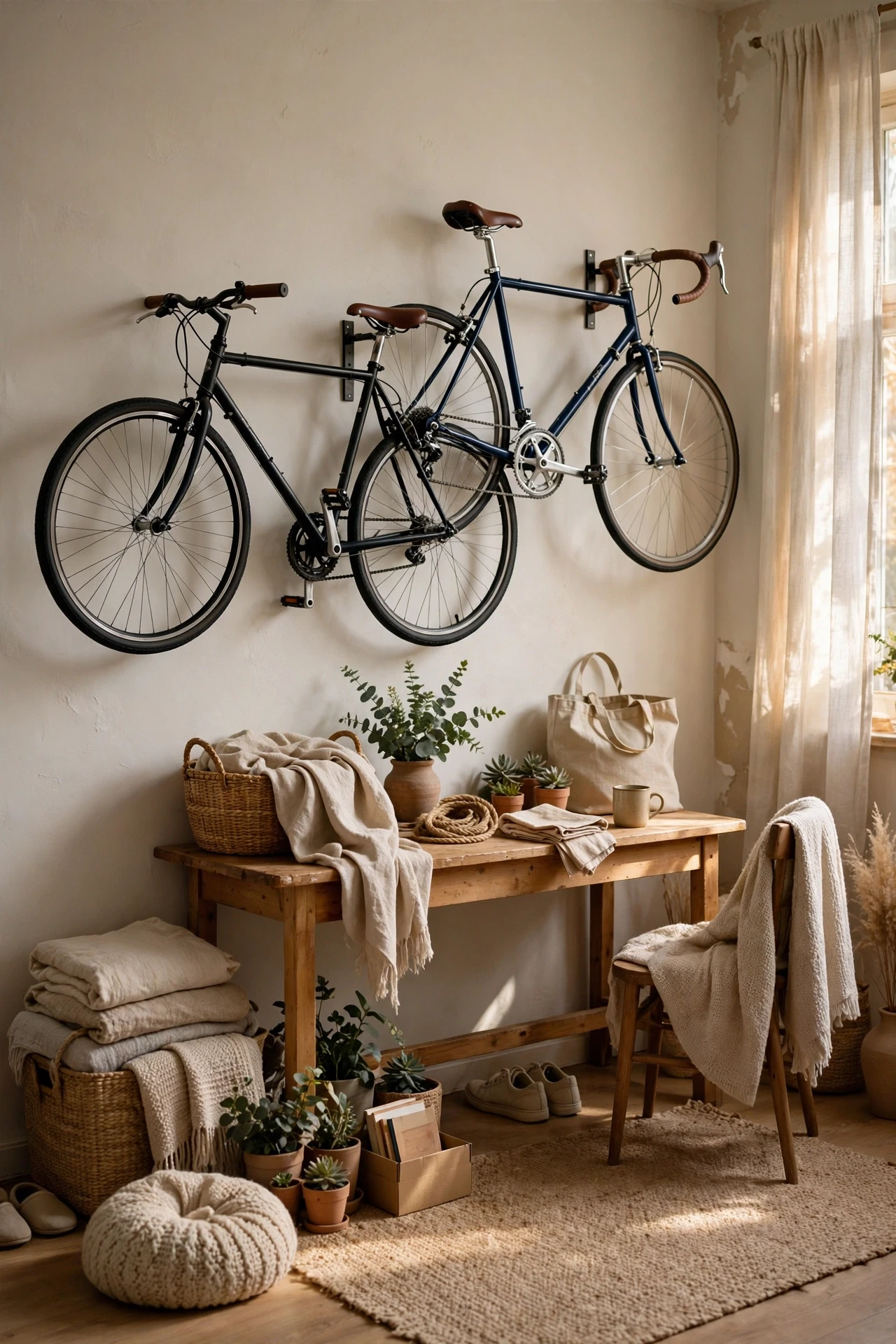 Hang Bikes on the Wall Like Art in a small budget-friendly apartment