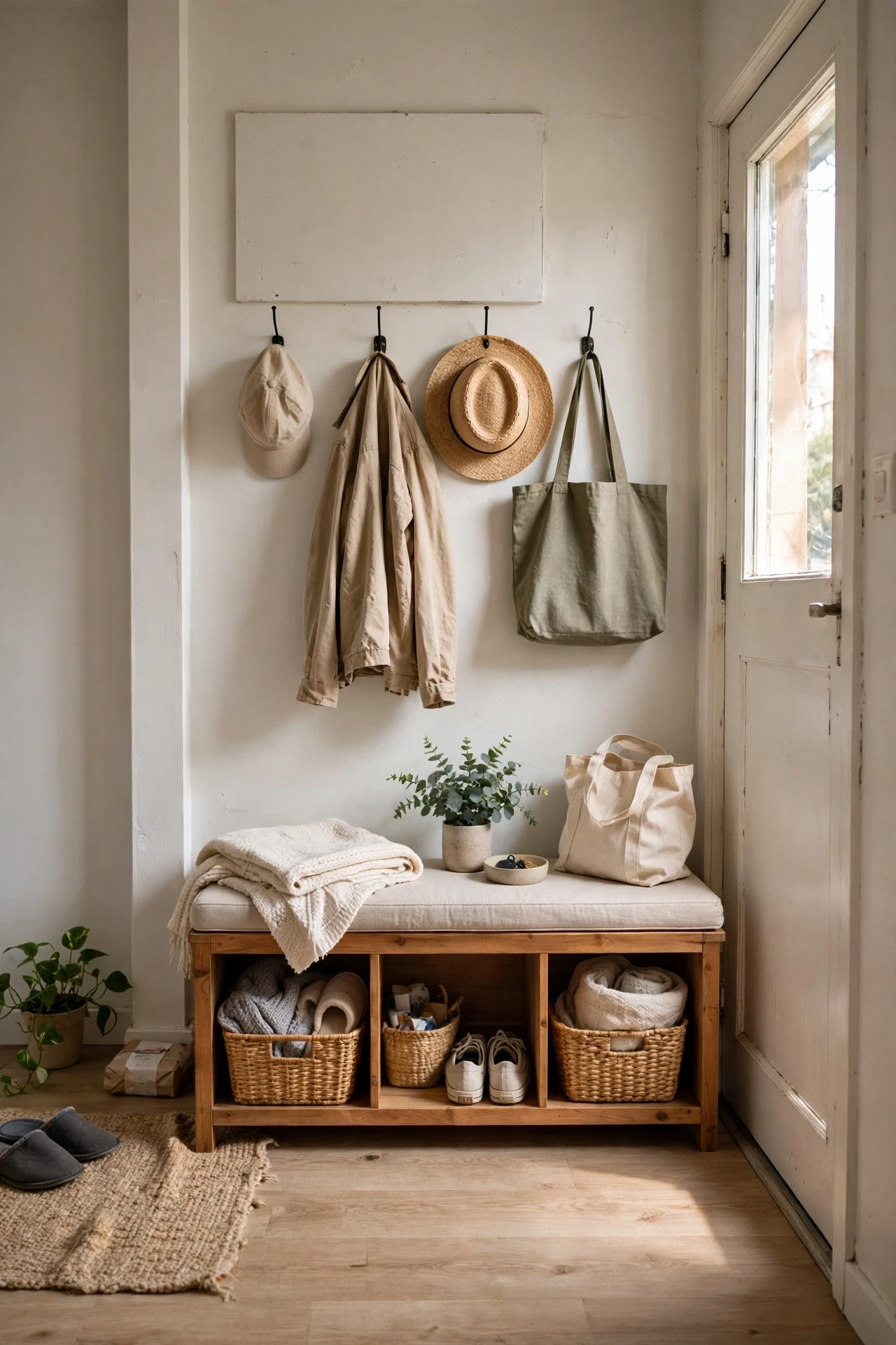 Put a Bench With Storage by the Front Door in a small budget-friendly apartment