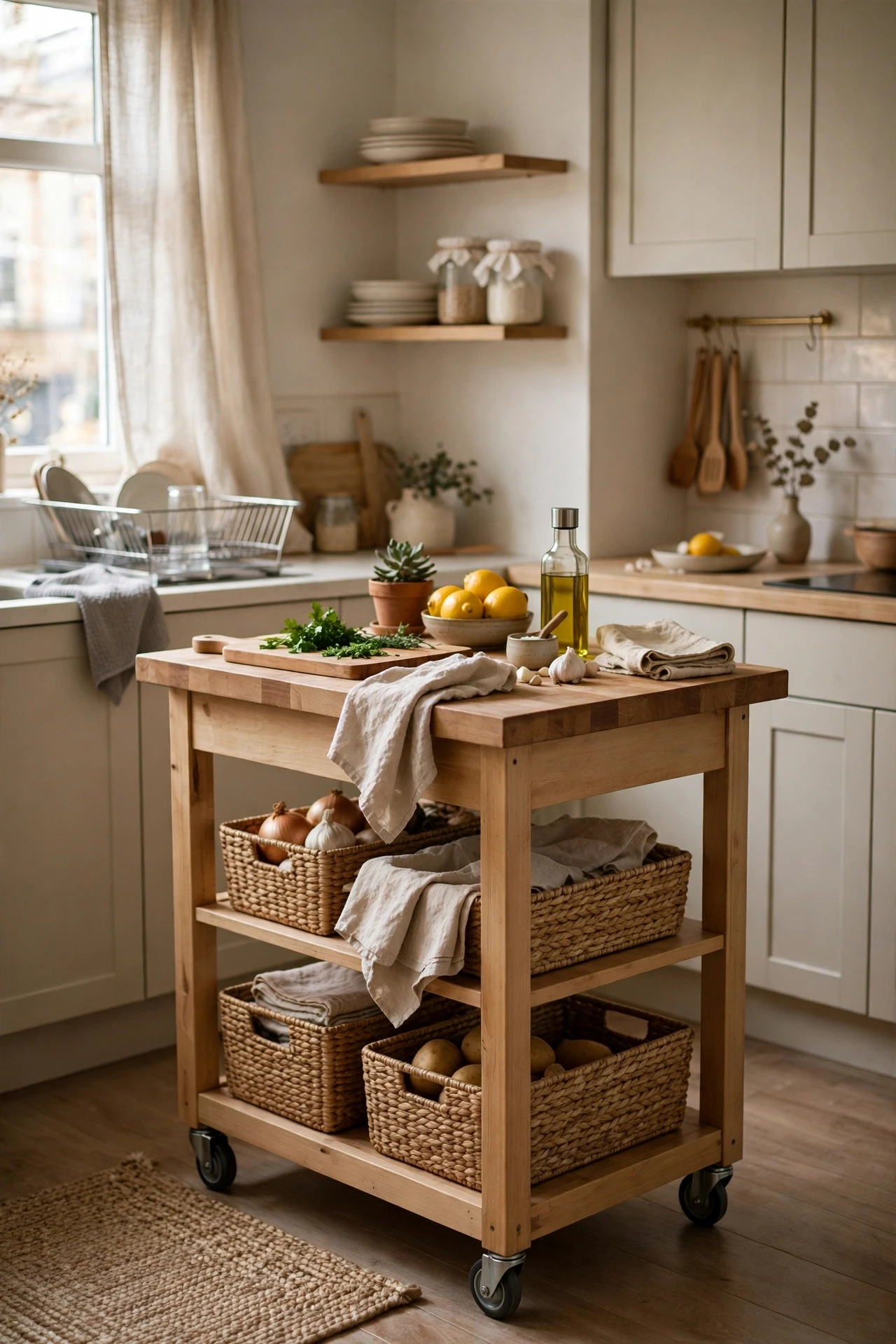 Use a Rolling Kitchen Island for Extra Counter Space in a small budget-friendly apartment