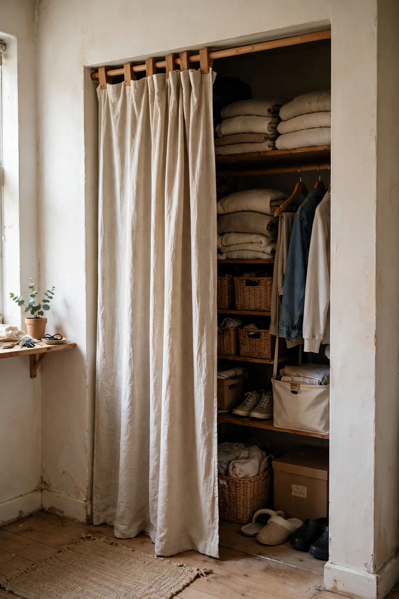 Swap Doors for Curtains on Deep Closets in a small budget-friendly apartment