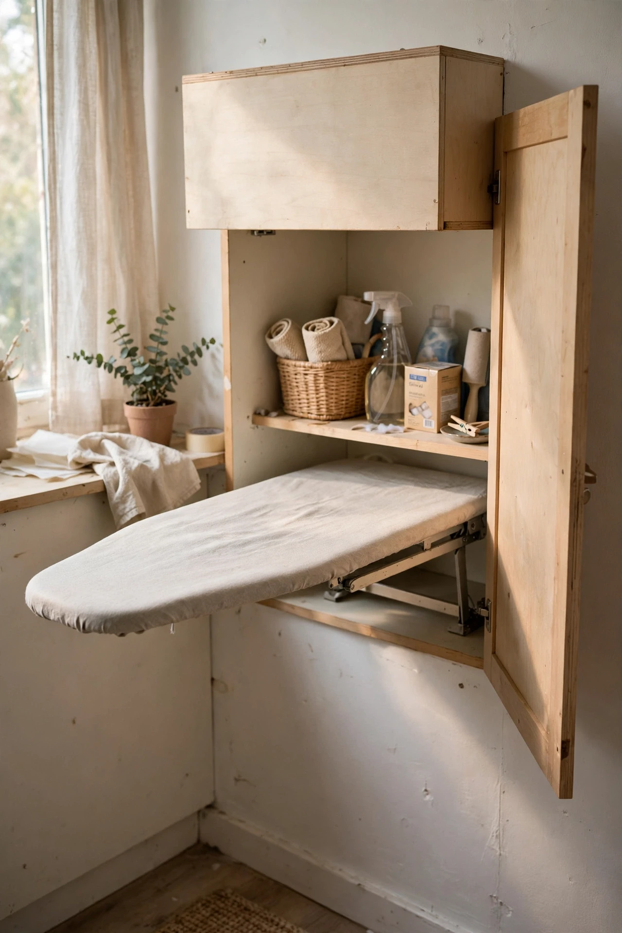 Add a Fold-Down Ironing Board Inside a Cabinet in a small budget-friendly apartment