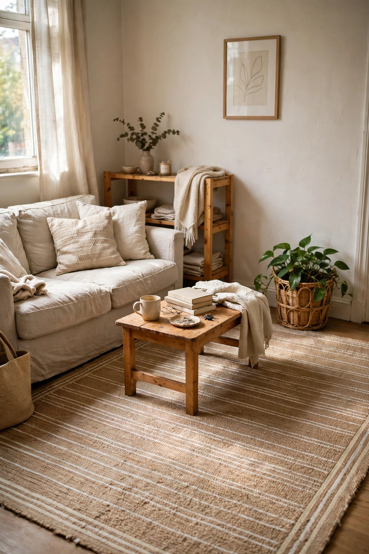 Use One Big Rug to Anchor a Small Living Room in a small budget-friendly apartment