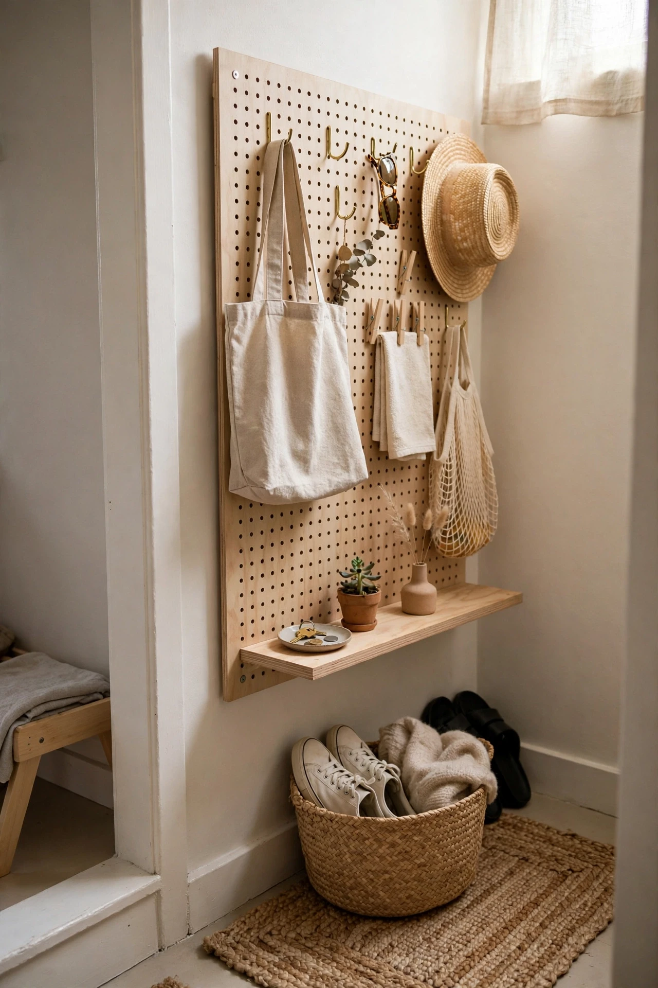 Hang a Pegboard Wall in the Entryway in a small budget-friendly apartment
