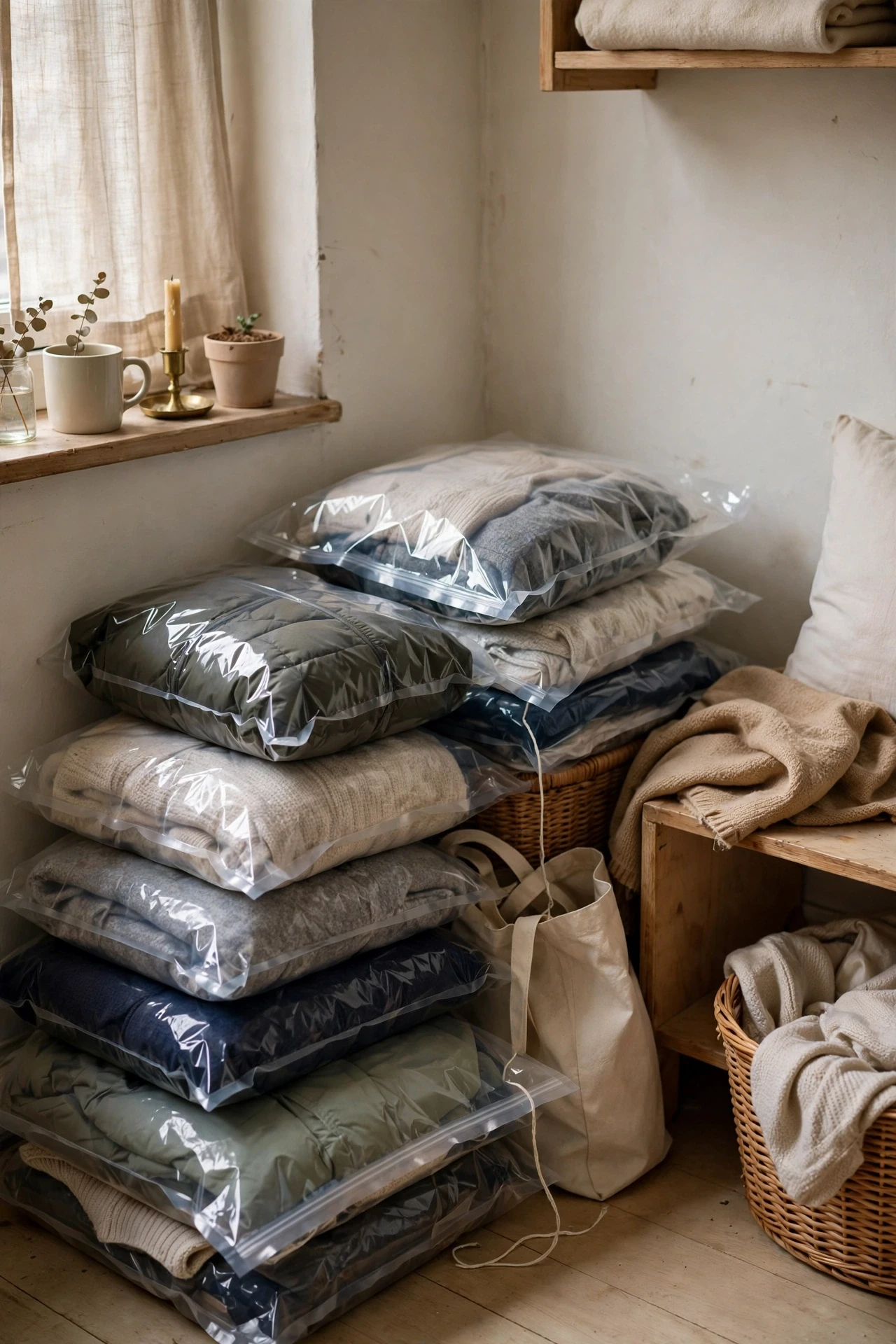 Store Out-of-Season Clothes in Vacuum Bags in a small budget-friendly apartment