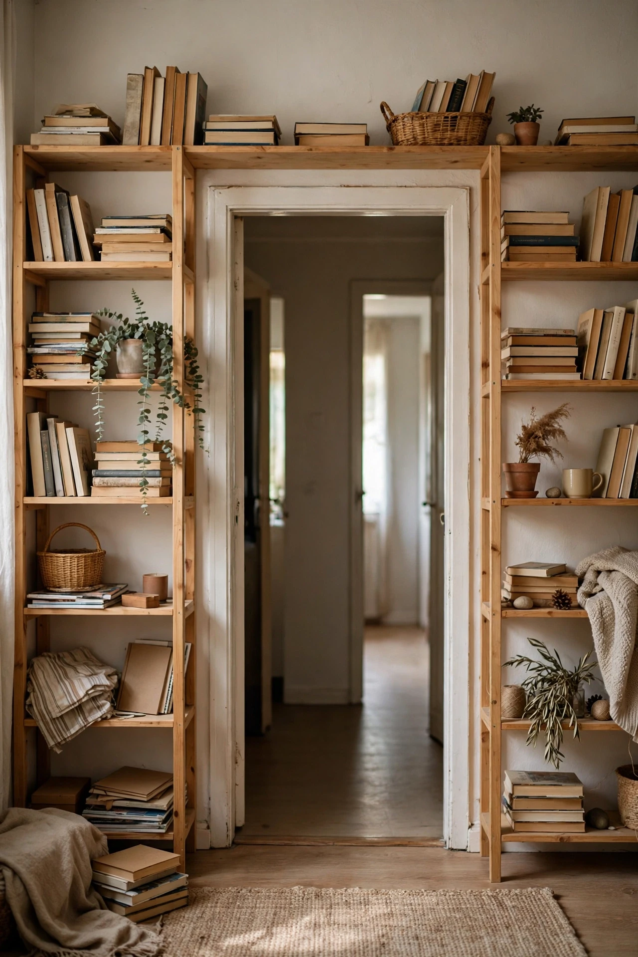 Put Bookshelves Around a Doorway in a small budget-friendly apartment