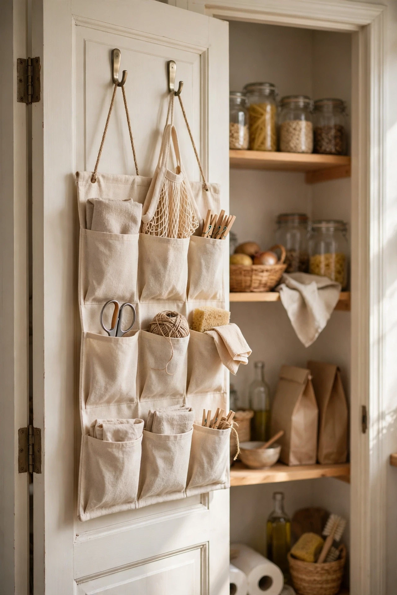 Hang a Pocket Organizer Inside a Pantry Door in a small budget-friendly apartment