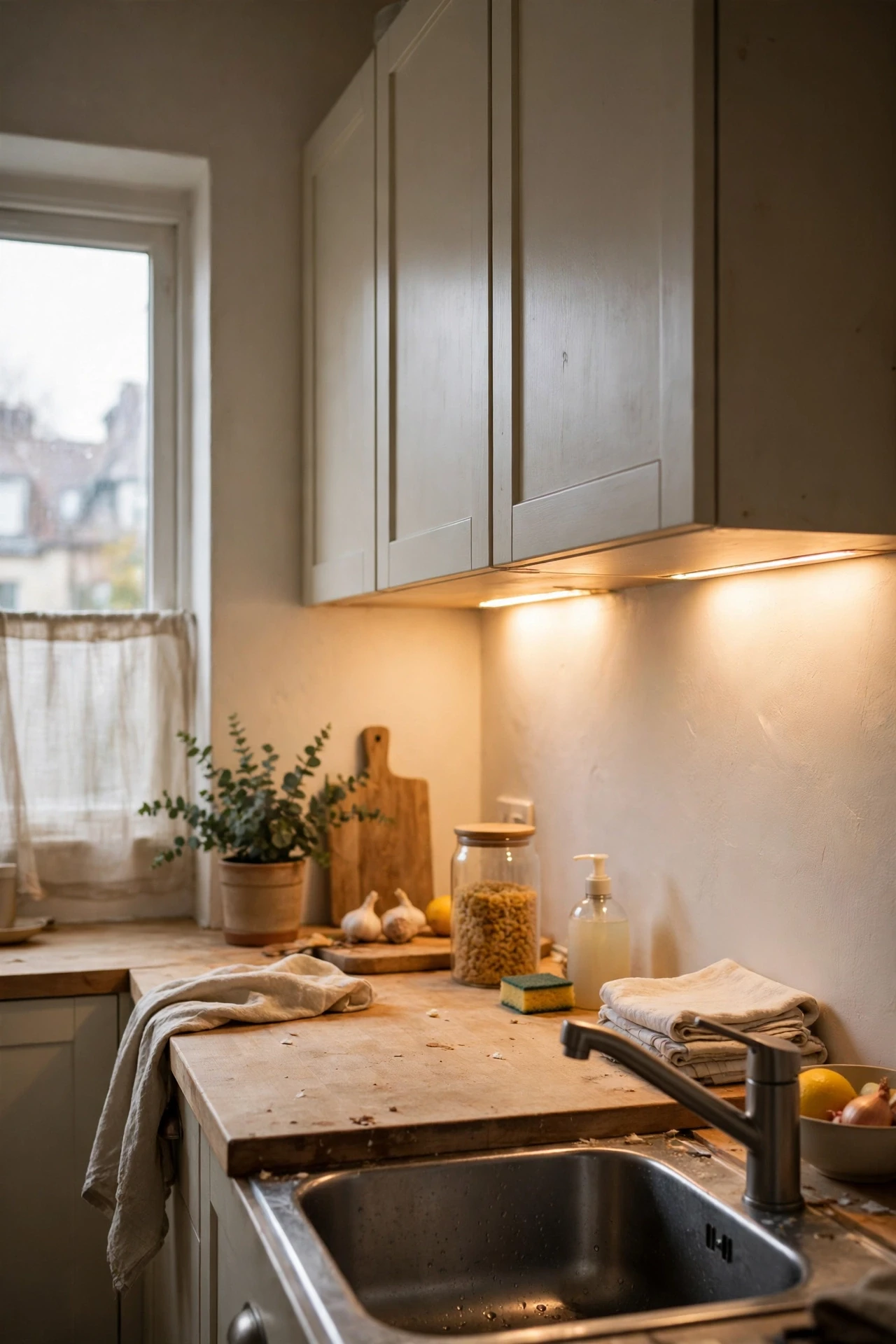 Add Under-Cabinet Lights to Brighten a Dark Kitchen in a small budget-friendly apartment