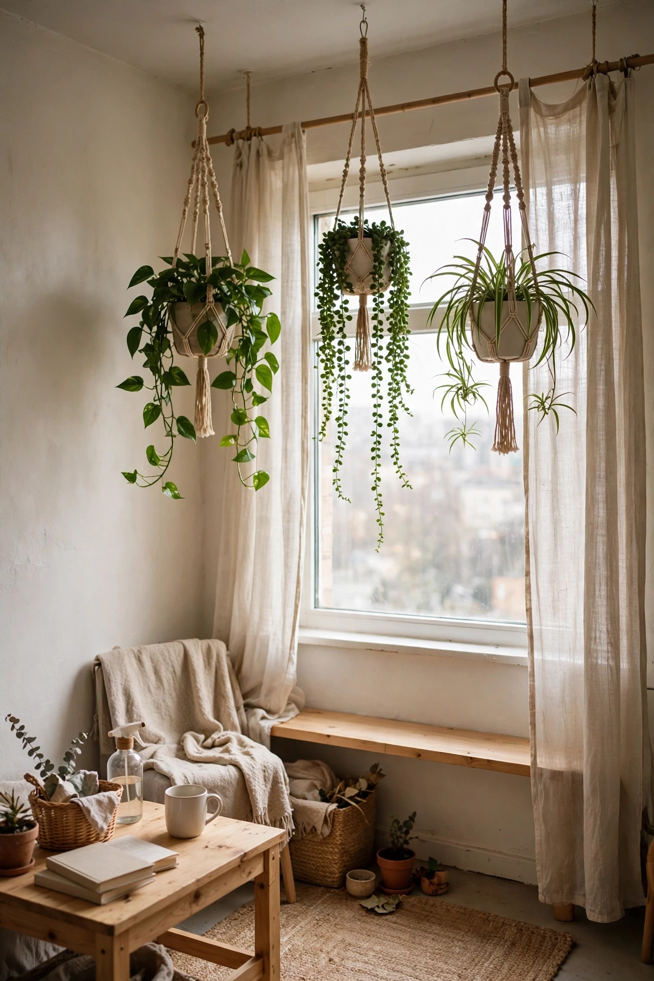 Hang Plants From the Ceiling to Free the Sills in a small budget-friendly apartment