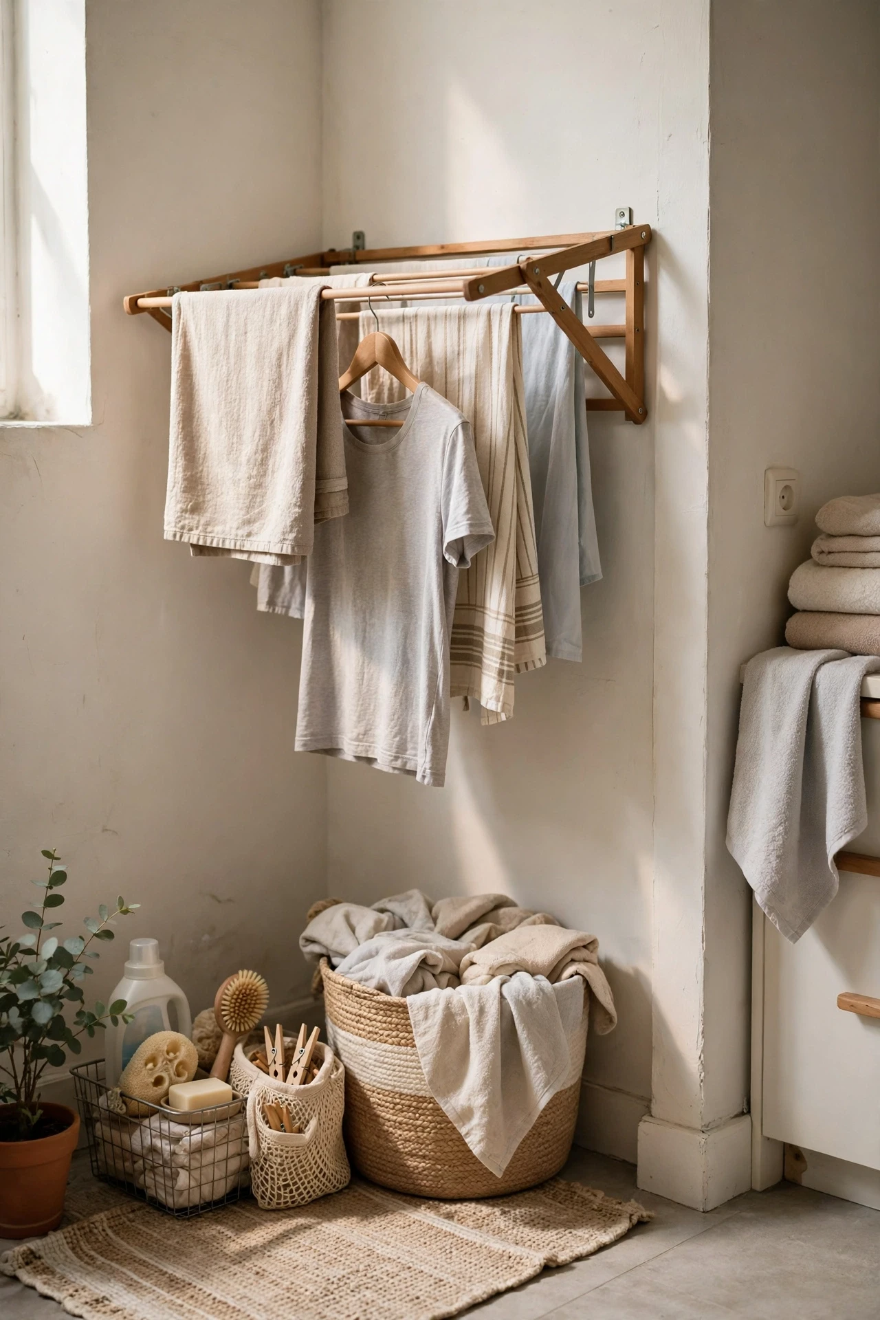 Use a Wall-Mounted Drying Rack in the Laundry Corner in a small budget-friendly apartment