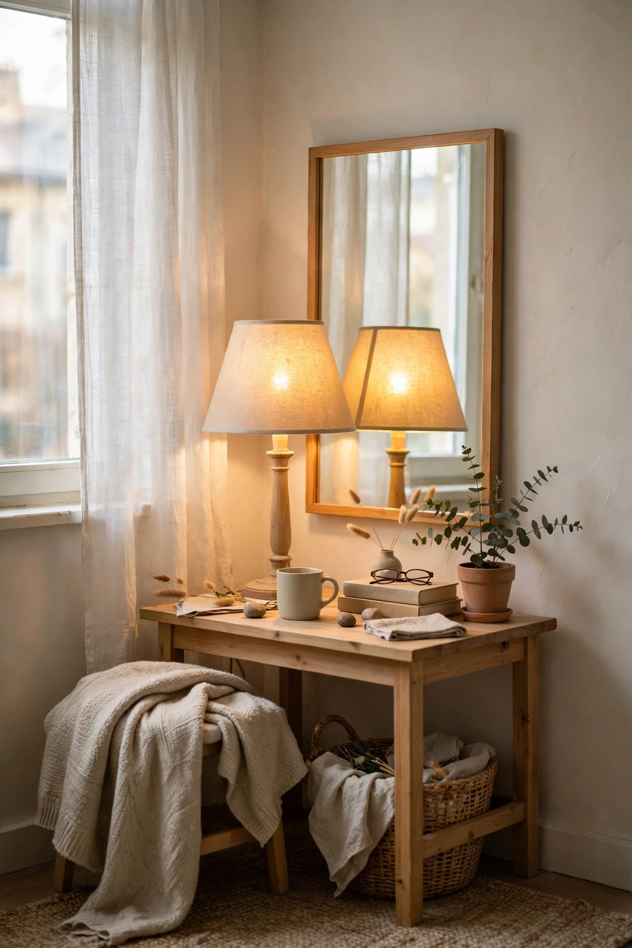 Put a Mirror Behind a Lamp to Double the Glow in a small budget-friendly apartment