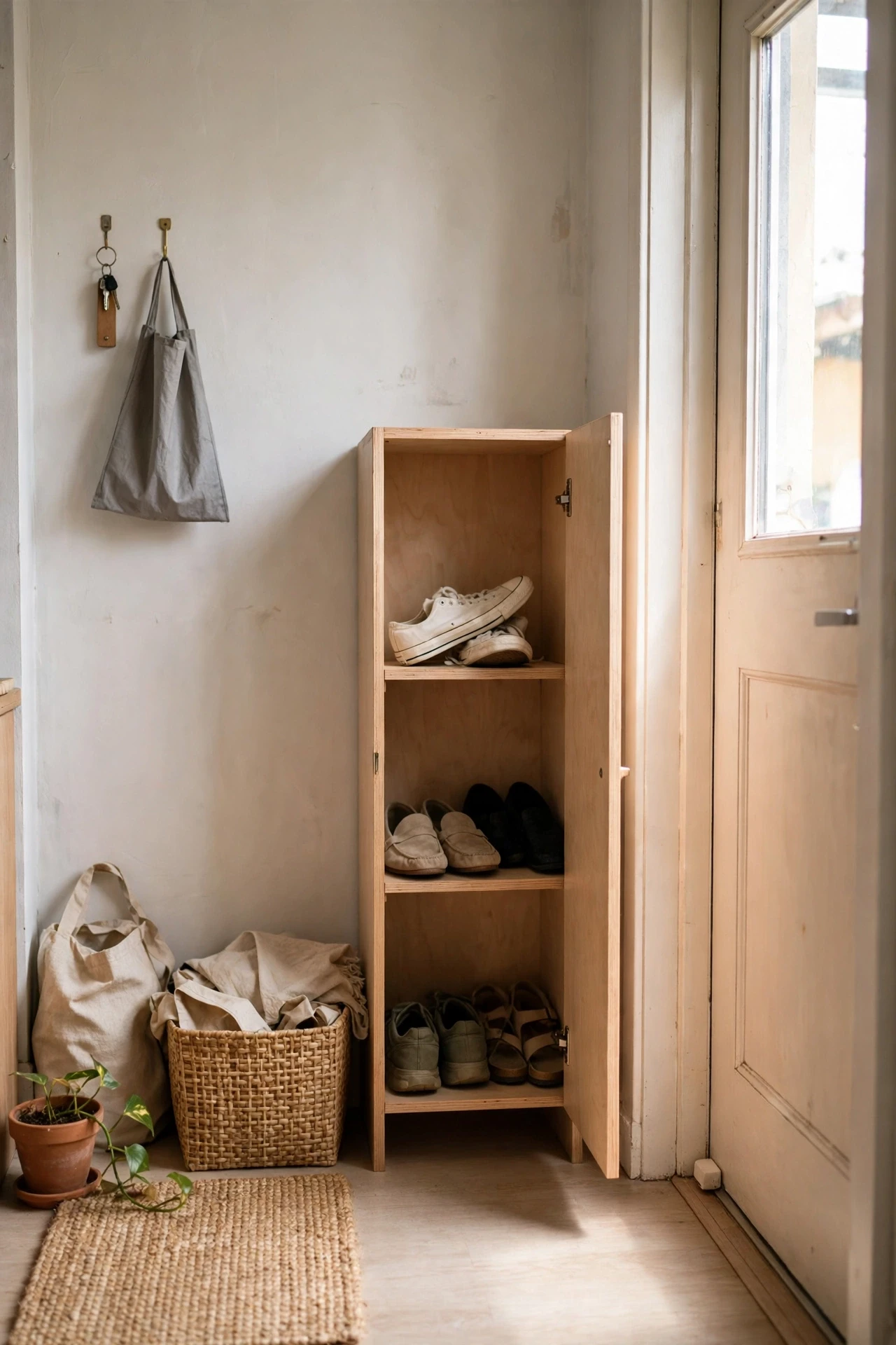 Store Shoes in a Slim Cabinet by the Door in a small budget-friendly apartment