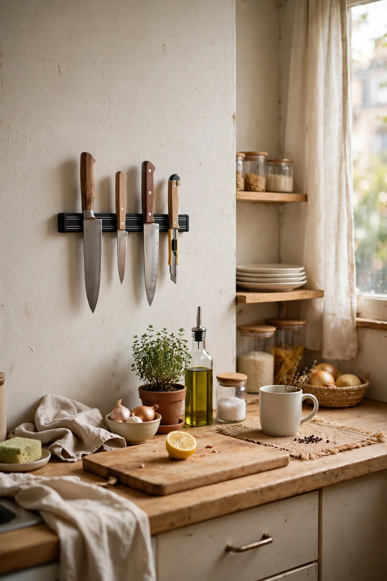 Use a Magnetic Knife Strip Instead of a Block in a small budget-friendly apartment