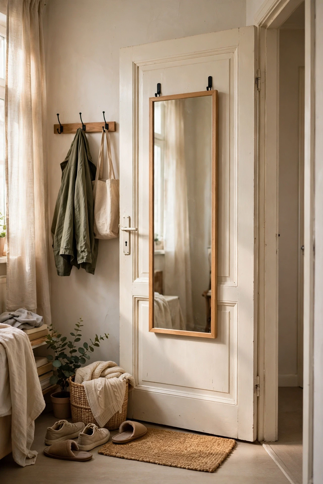 Hang a Full-Length Mirror on the Back of a Door in a small budget-friendly apartment