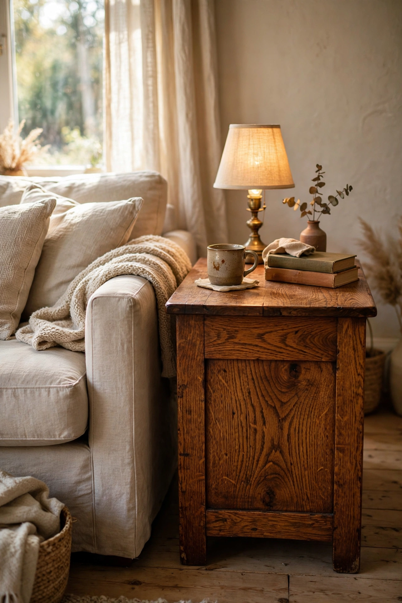 Thrifted solid oak side table revived with furniture oil beside a sofa