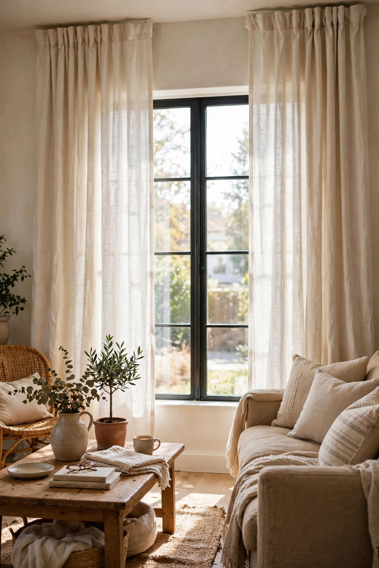 Linen-look curtain panels hung high and wide on a living room window