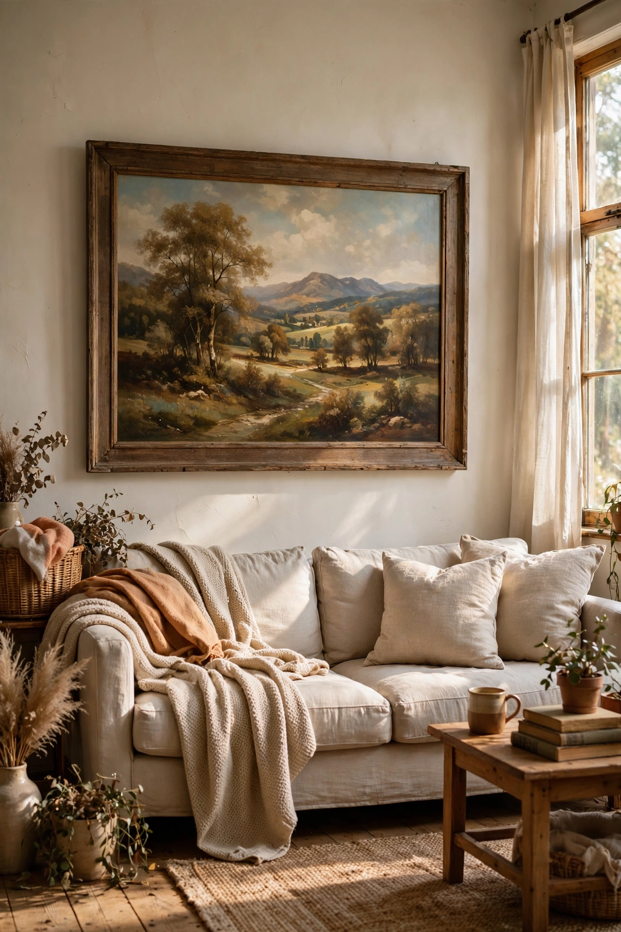 Oversized thrifted landscape painting in a real frame over a living room sofa