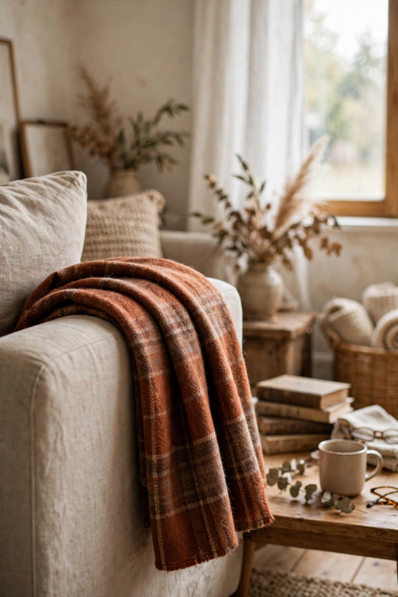 Wool-blend rust plaid throw folded over a sofa arm in a living room