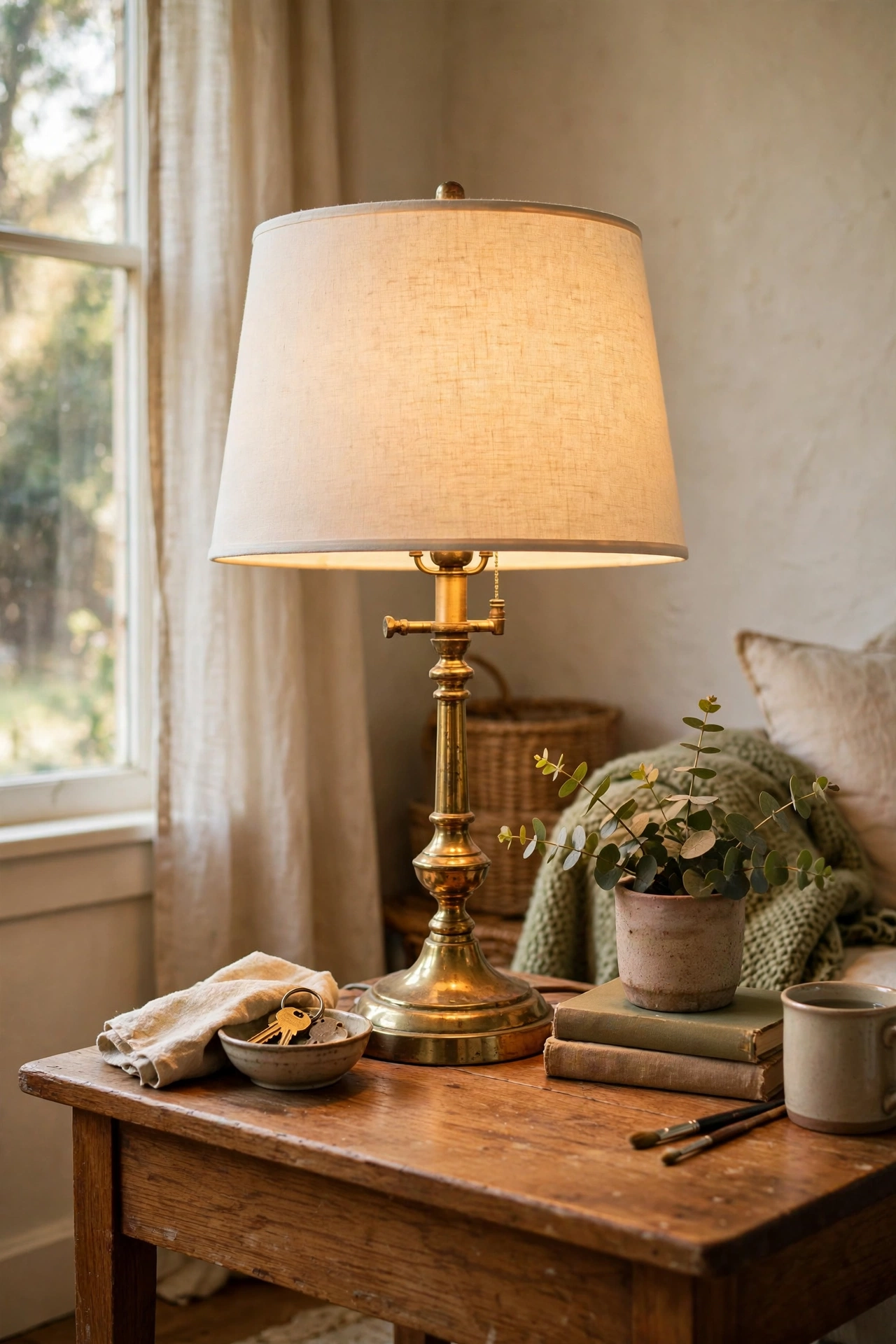 Thrifted brass table lamp rewired with a new linen shade on a side table