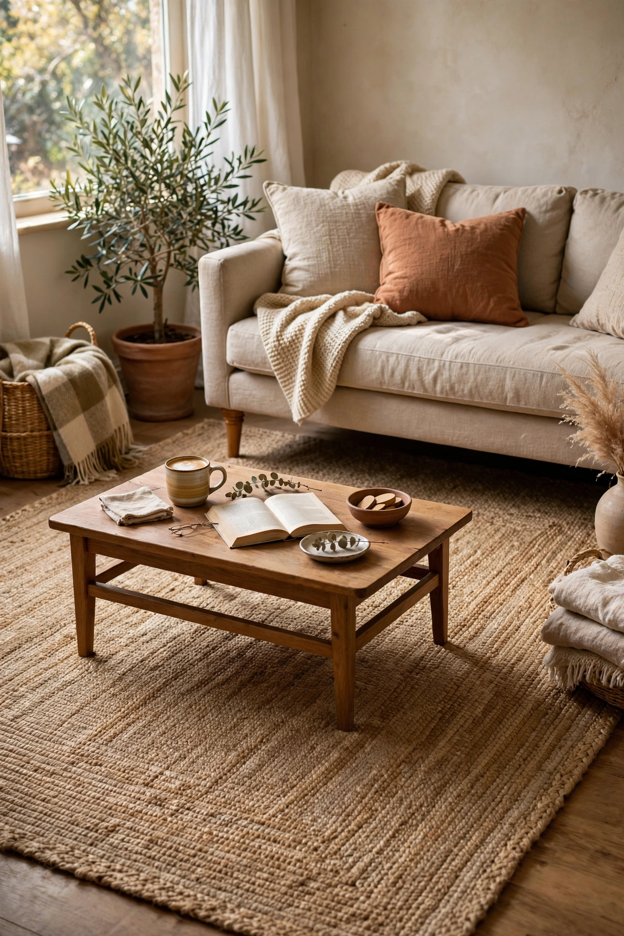 Natural 5x7 jute rug grounding a living room seating area under a coffee table