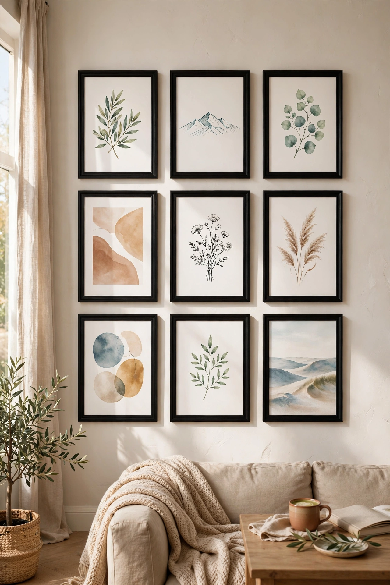 Nine-frame black gallery wall with printed art in a grid on a living room wall