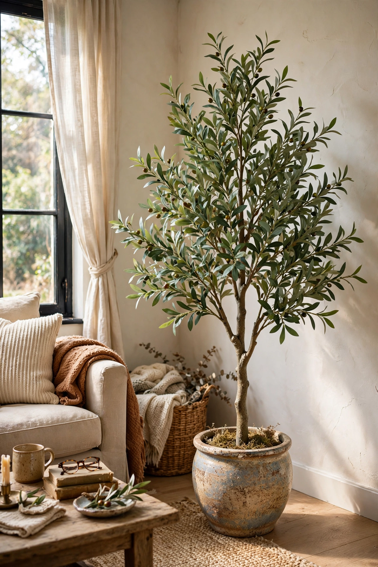Faux olive tree in a thrifted ceramic pot in a bright living room corner
