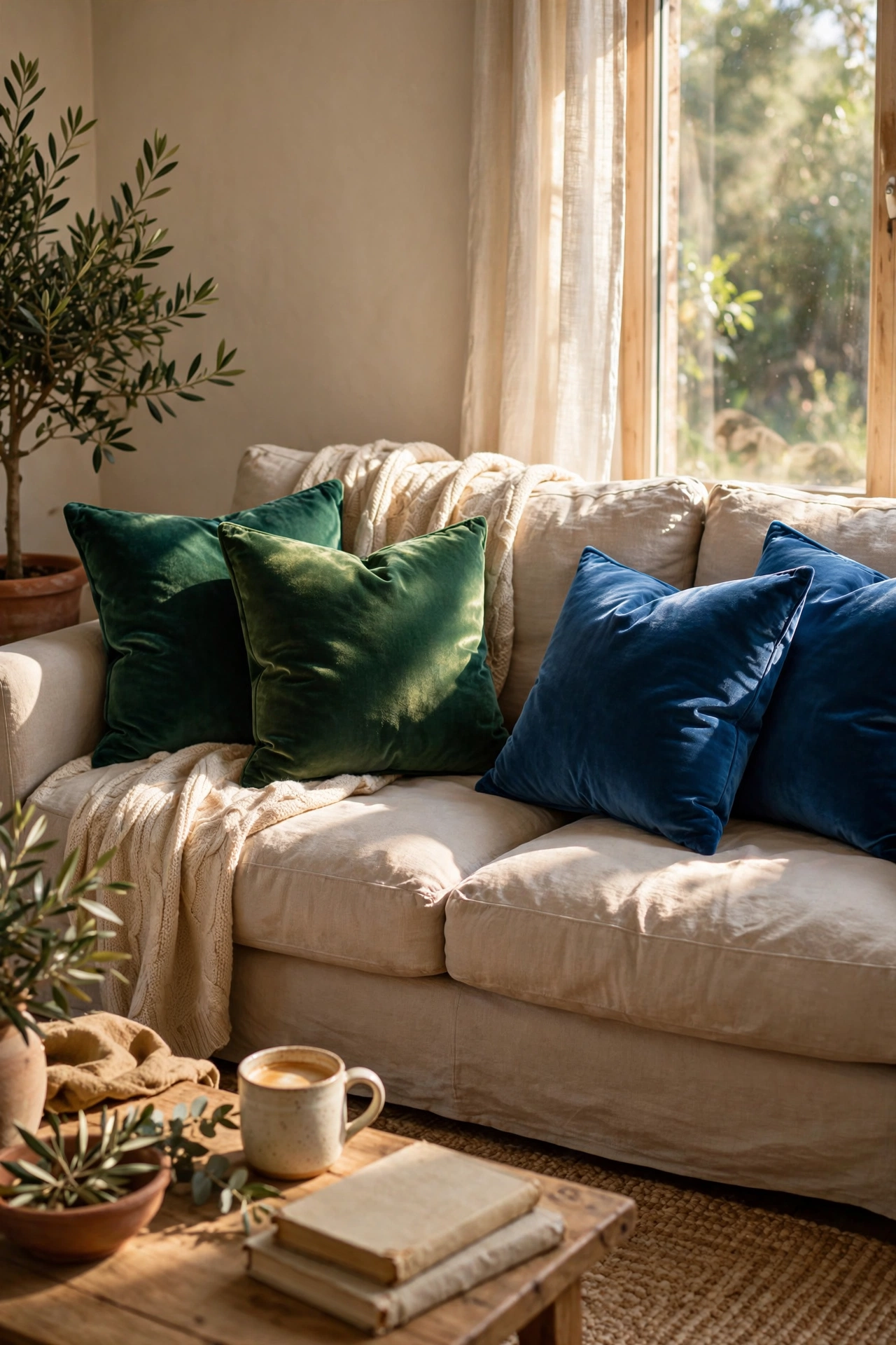 Jewel-toned velvet pillow covers catching light on a neutral sofa