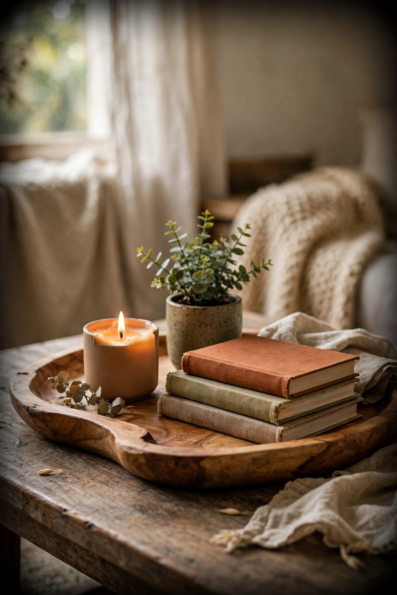 Acacia wood tray styled with a candle plant and books on a coffee table
