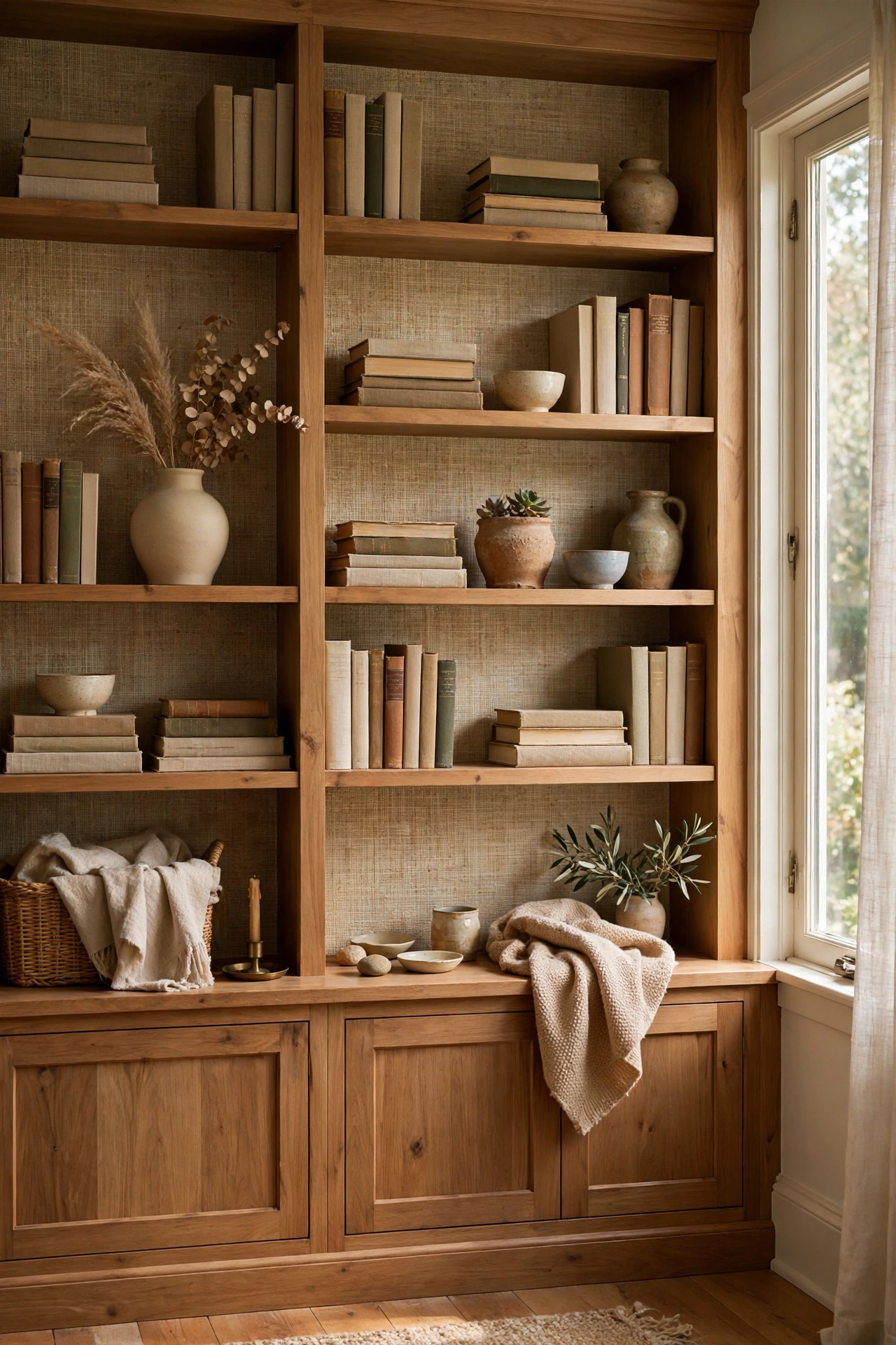 Grasscloth-look peel-and-stick wallpaper on the back of a styled bookcase