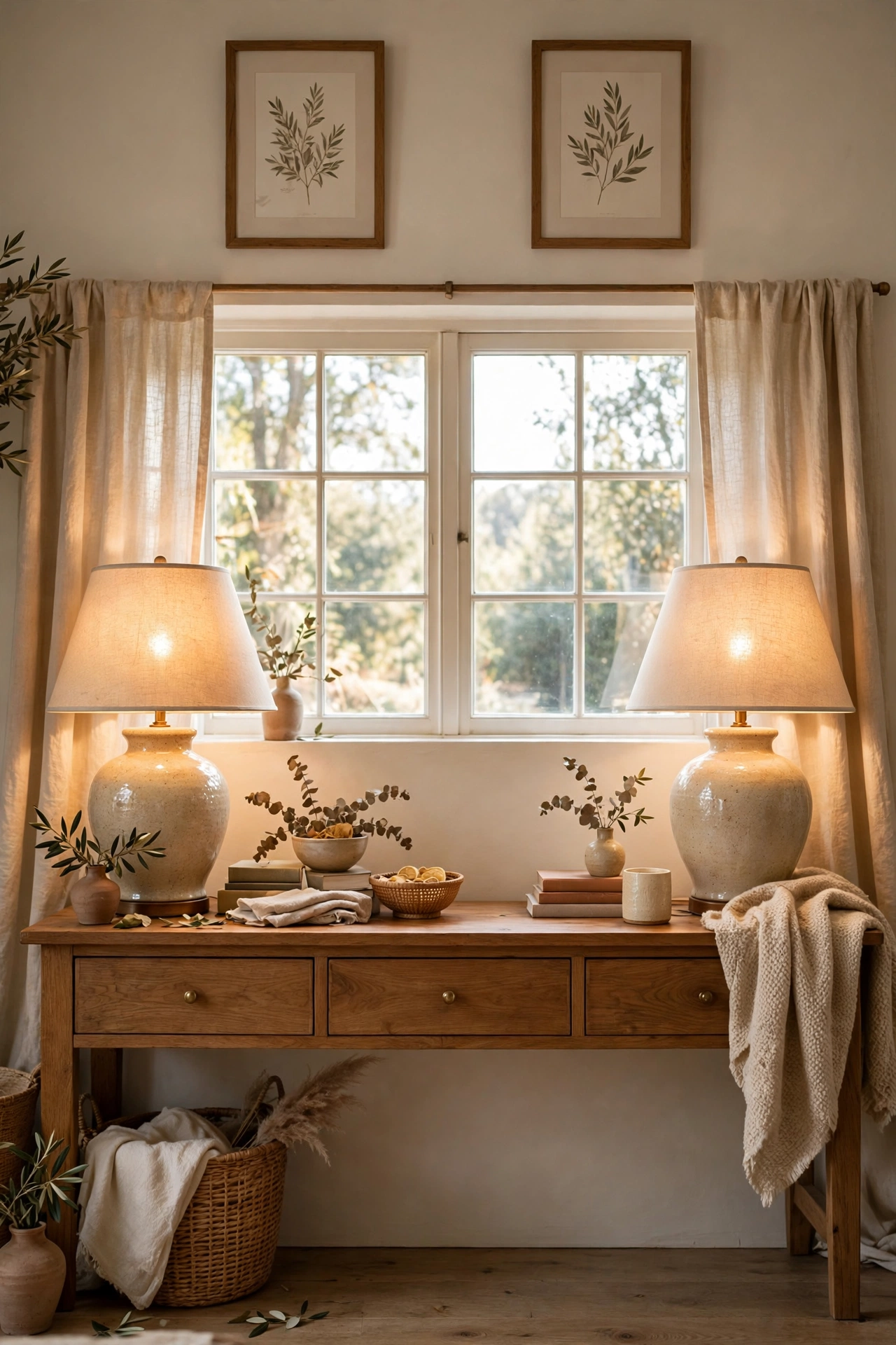 Matching pair of ceramic table lamps with warm bulbs on a console table
