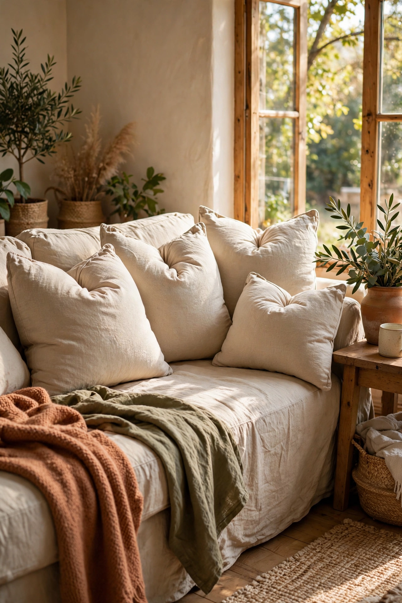 Plump feather-blend pillow inserts reviving old covers on a living room sofa