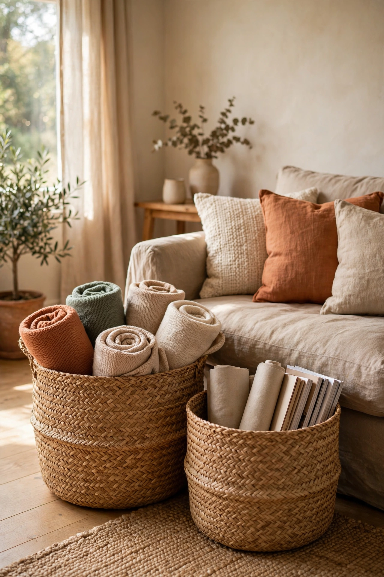 Large seagrass woven baskets holding throws beside a living room sofa