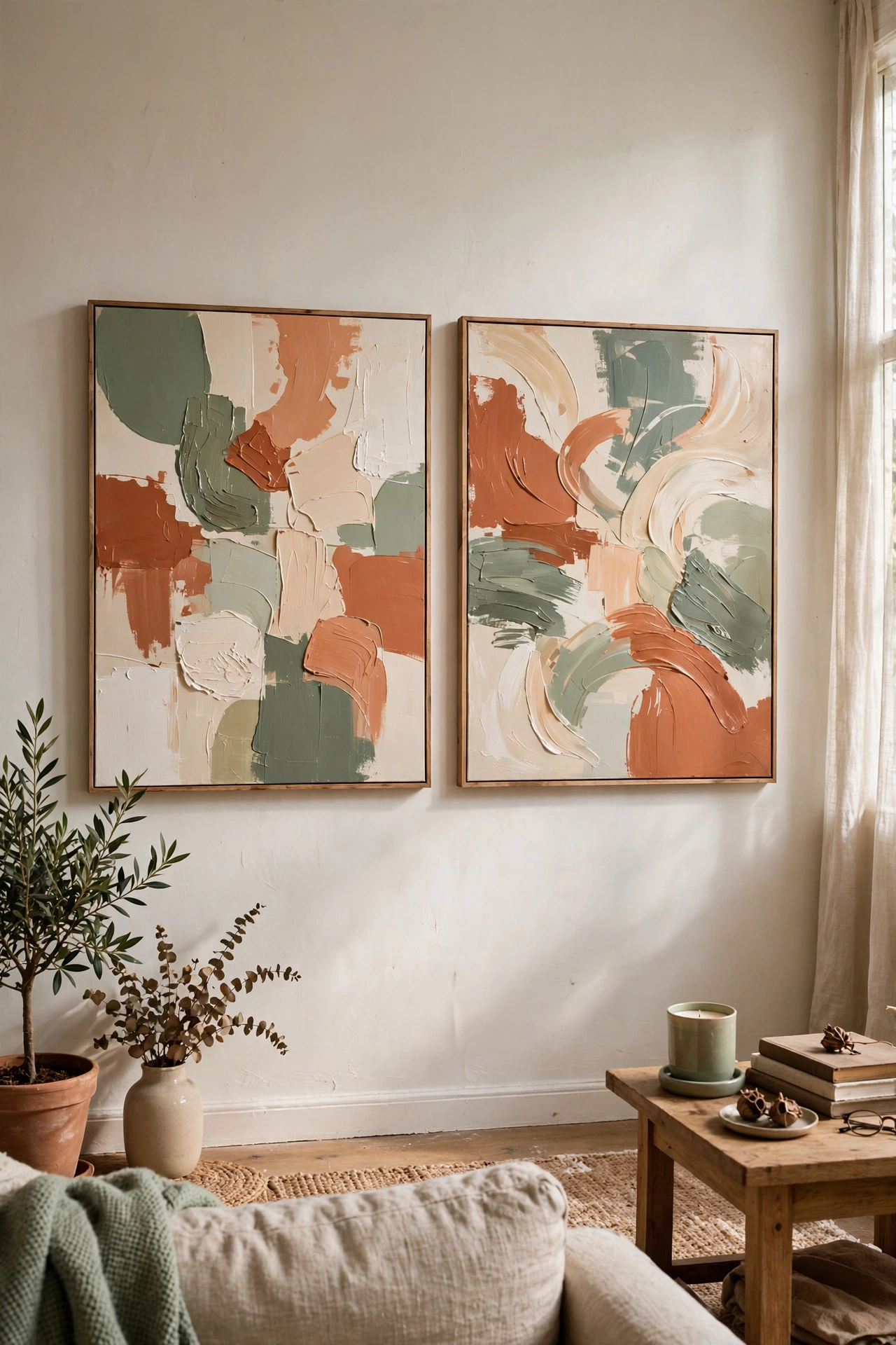 Pair of DIY abstract canvas paintings in a three-color palette on a living room wall