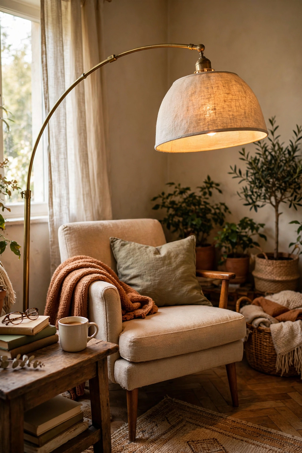 Thrifted brass arc floor lamp with a new shade lighting a reading corner