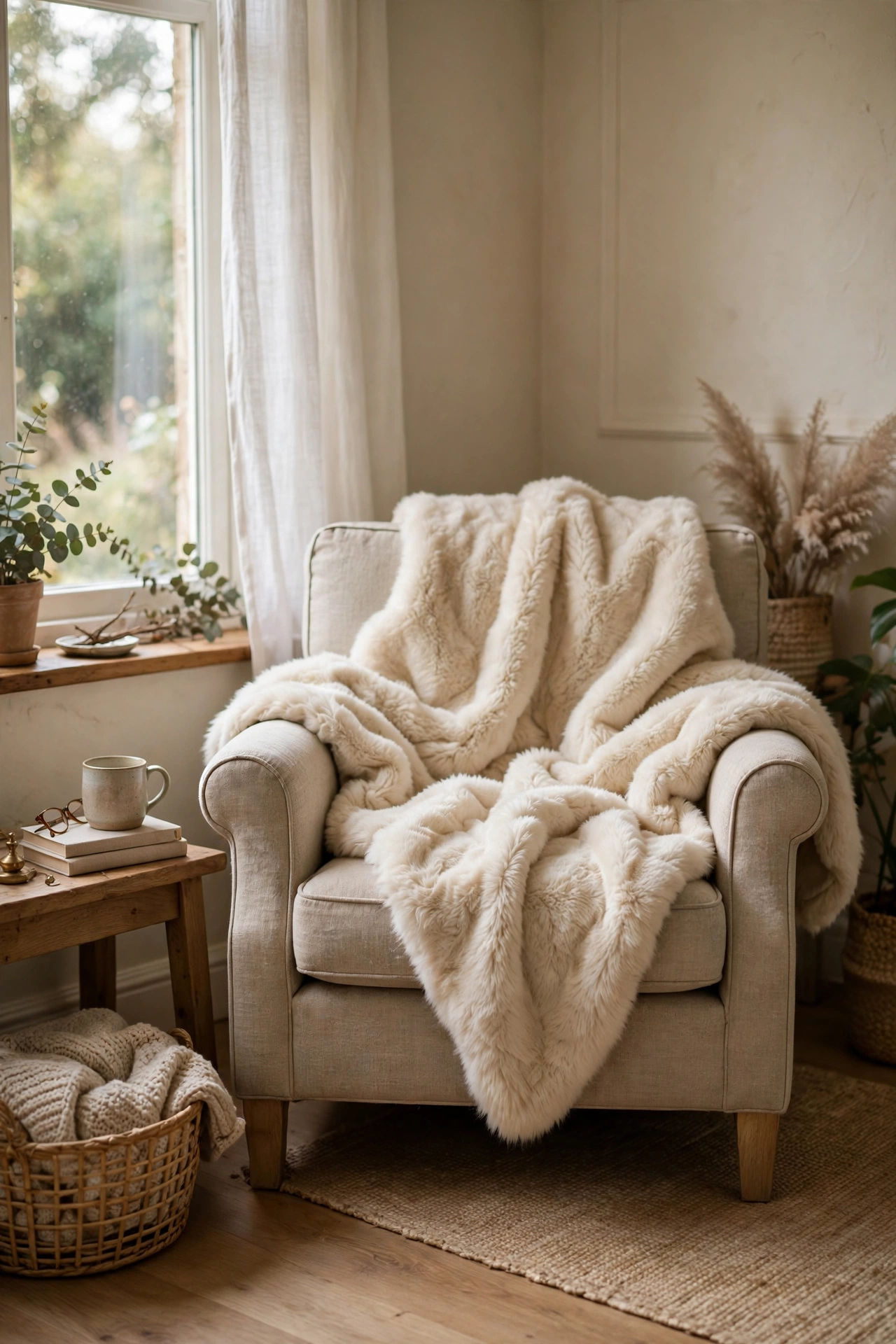 Cream faux fur throw draped over an armchair in a cozy living room