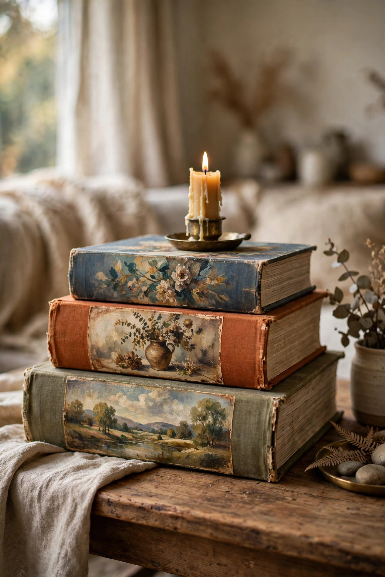 Stack of thrifted oversized art books styled under a candle on a coffee table
