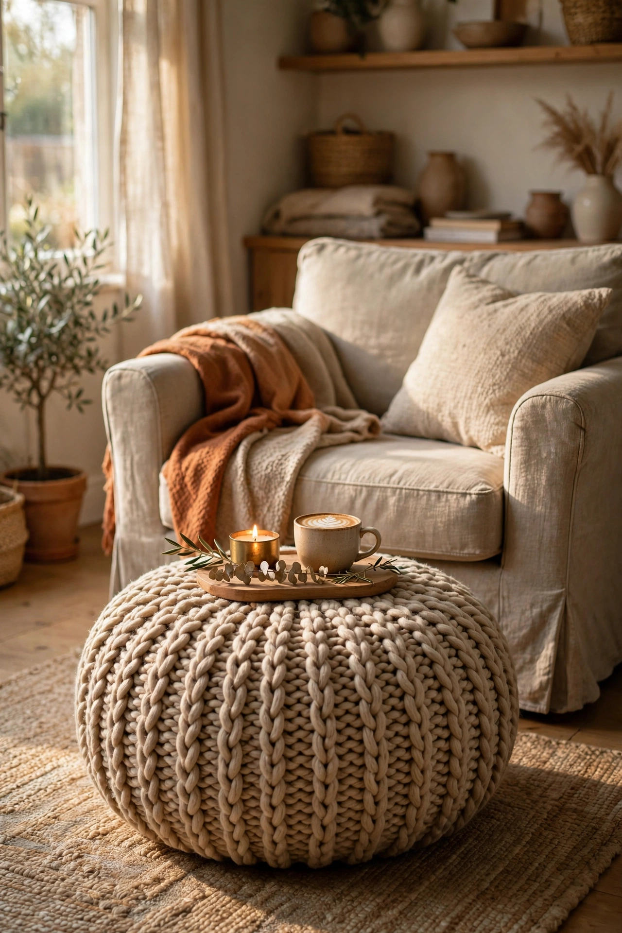 Round knit pouf doing triple duty in front of an armchair
