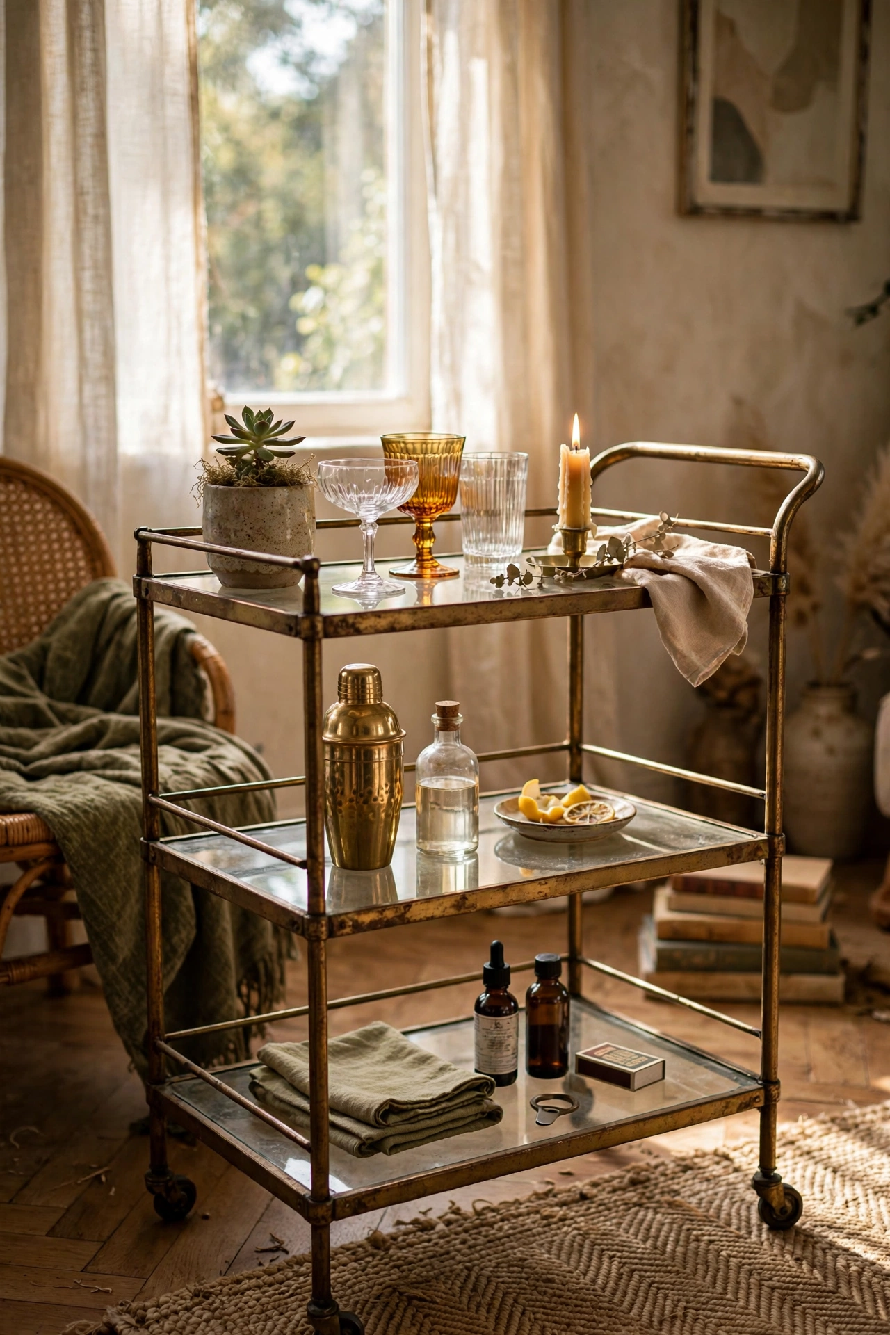 Thrifted brass-look bar cart styled with a plant glasses and candle in a living room