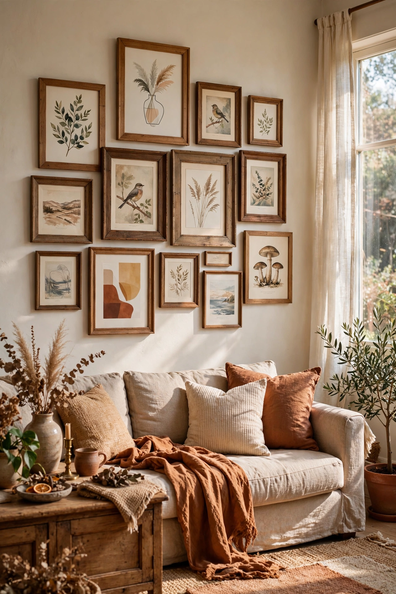 Salon-style gallery wall of thrifted solid wood frames with printable art